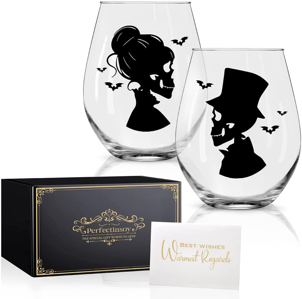 Perfectinsoy Skull Wine Glass 2 Piece with Gift Box, Zombie Design, Valentine's Day Autumn Halloween, Anniversary Wedding Gifts, Couple Gifts for Boyfriend and Girlfriend. (Skull Set of 2)