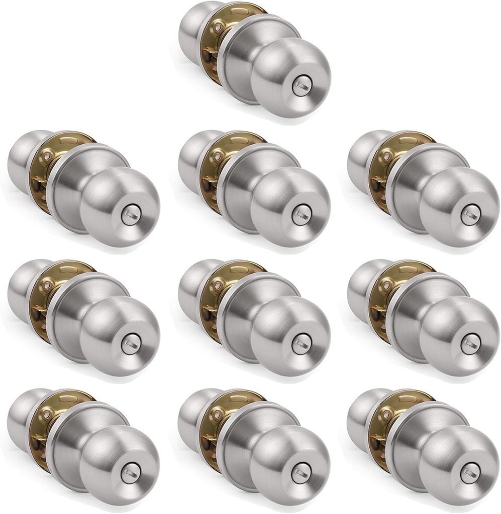 Gobrico 10 Pack Privacy Door Knob Brushed Nickel Keyless Door Handles in Satin Nickel for Bathroom Bedroom Interior Door Knobs with Lock Round Ball Shape