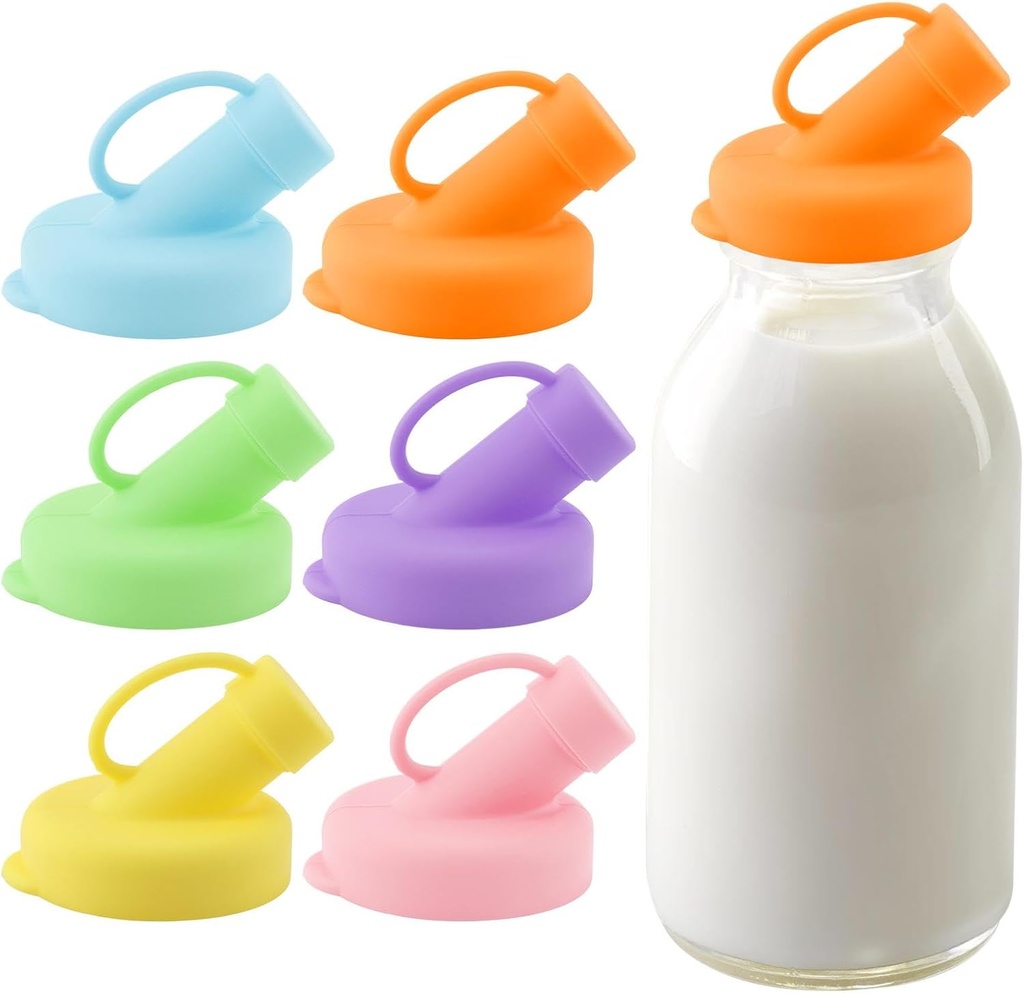 6pcs Silicone Milk Bottle Dispenser Caps, 48mm 6 Color Pour Spout Lids, Glass Milk Bottle Pour Spout Lids Fit for Stanpac & Libbey, Leak Proof, Odorless（Only Lid)