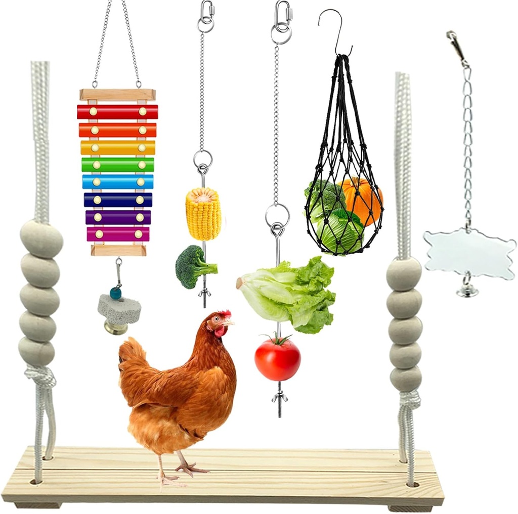 6 Packs Chicken Toys for Coop Accessries, Chicken Swing Toys for Chicken Hens, Chicken Xylophone Toys and Mirror, Vegetable Hanging Feeder, Veggies Skewer