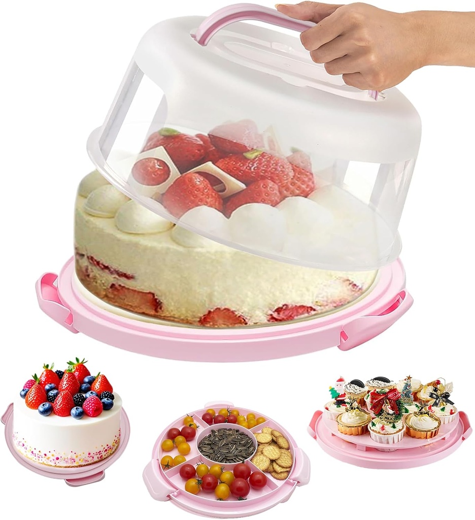 10" Round Cake Carrier Stand with Lid and Handle,Portable Two Sided Cake Holder Serves as 5 Section Fruit Tray,Cupcake Containers for 11 Cupcakes (Pink)