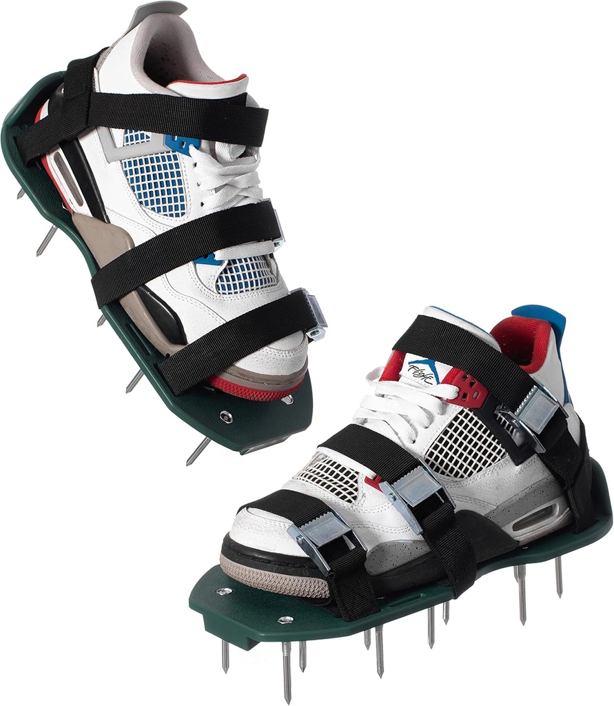 Lawn and Garden Aerator Spike Shoe with 3 Metal Buckle Straps, Green Spiked Sandal