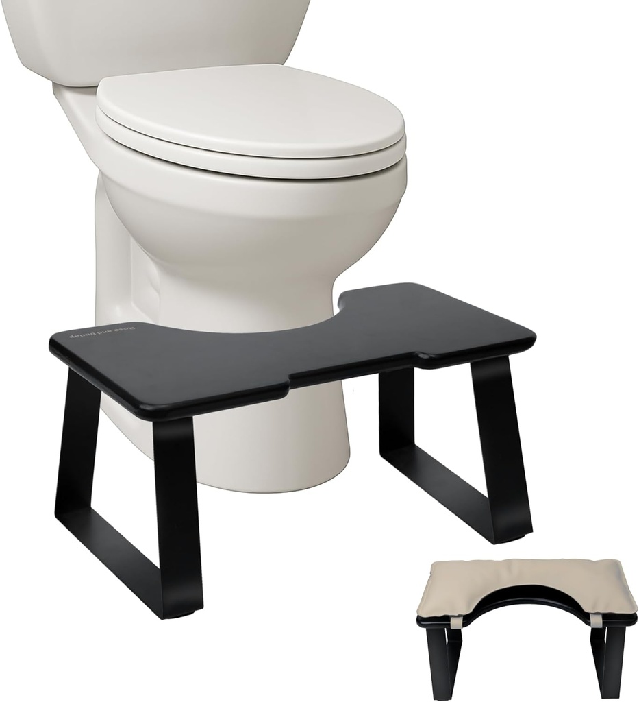Wooden Toilet Stool, 2-in-1 Tied Cushion and Waterproof PU Leather, 7" and 9" Adjustable Heights, Improve Bathroom Posture and Comfort(Beige)