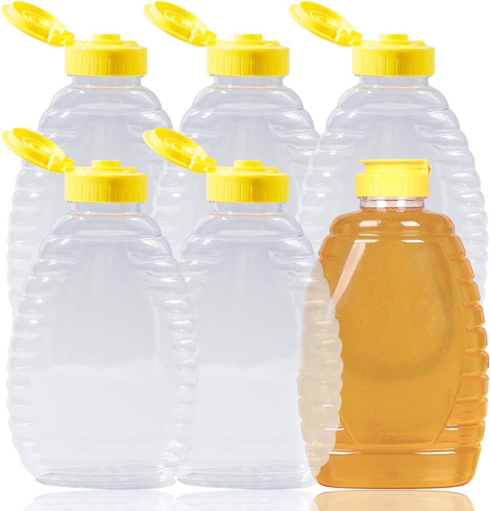 Lainrrew 6 Pcs 12 Oz Honey Jars, Plastic Honey Bottles Clear Empty Honey Containers Honey Dispenser Squeeze Honey Bottle with Leak Proof Flip-Top Caps for Storing and Dispensing (12oz)