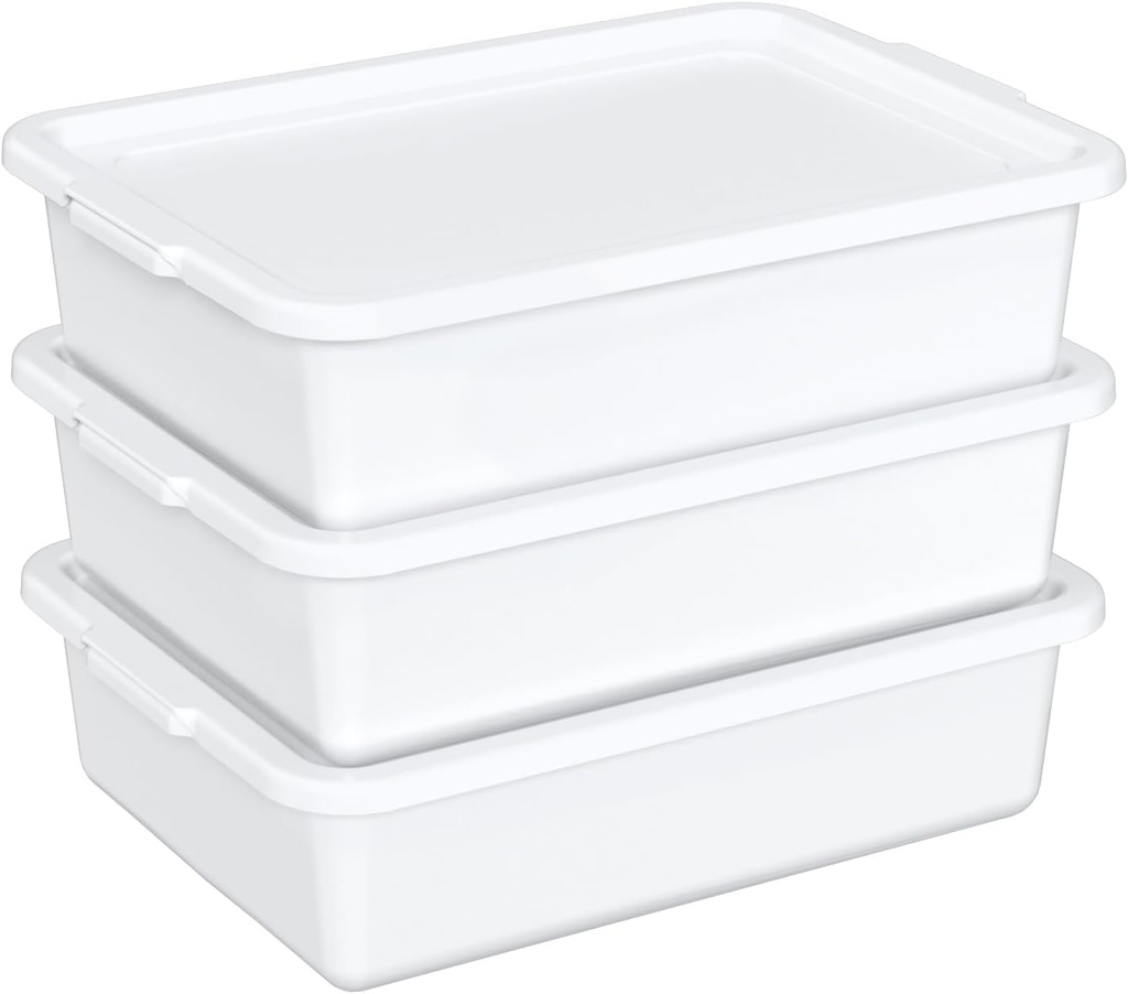 13 Liters Food Grade Dish Tubs with Lids, Restaurant Bus Tub Boxes Set of 3, White