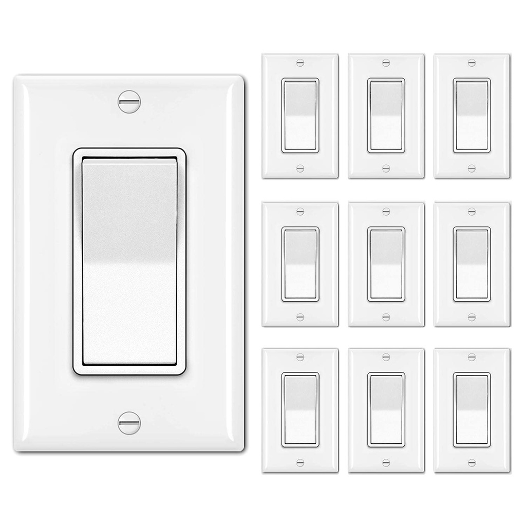 BESTTEN 10 Pack Single Pole Decorator Light Switch with Wallplate, 15A 120/277V, Rocker Paddle Wall Switch, On/Off Interrupter for LED and Other Lamps
