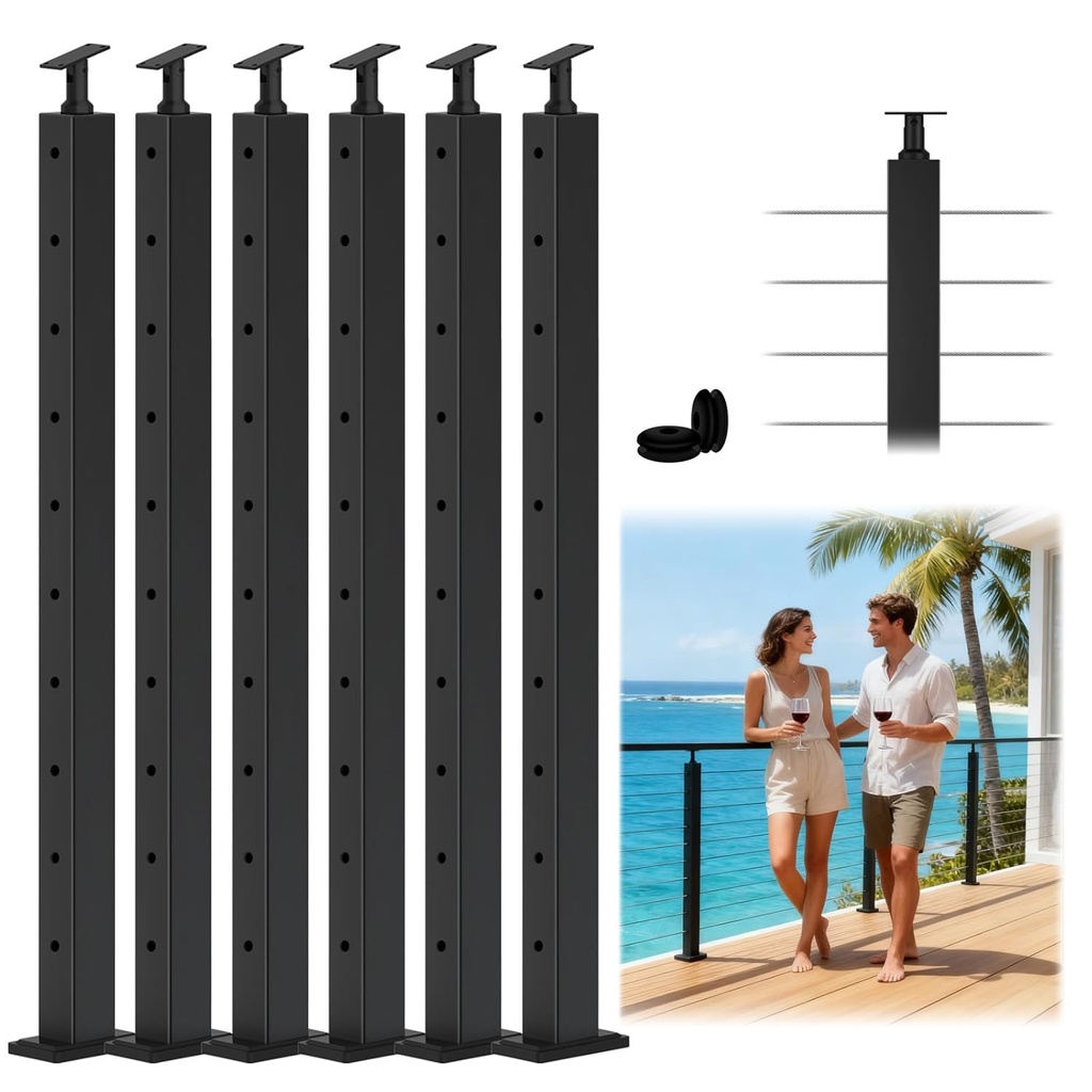 6Pack SS316 Cable Railing Post 36"(Post 35"x2"x2") for Coastal Lake, Level Drilled Railing Post with Cable Grommets, Adjustable Top Cable Handrail Post, Stainless Steel Black Finish Deck Post