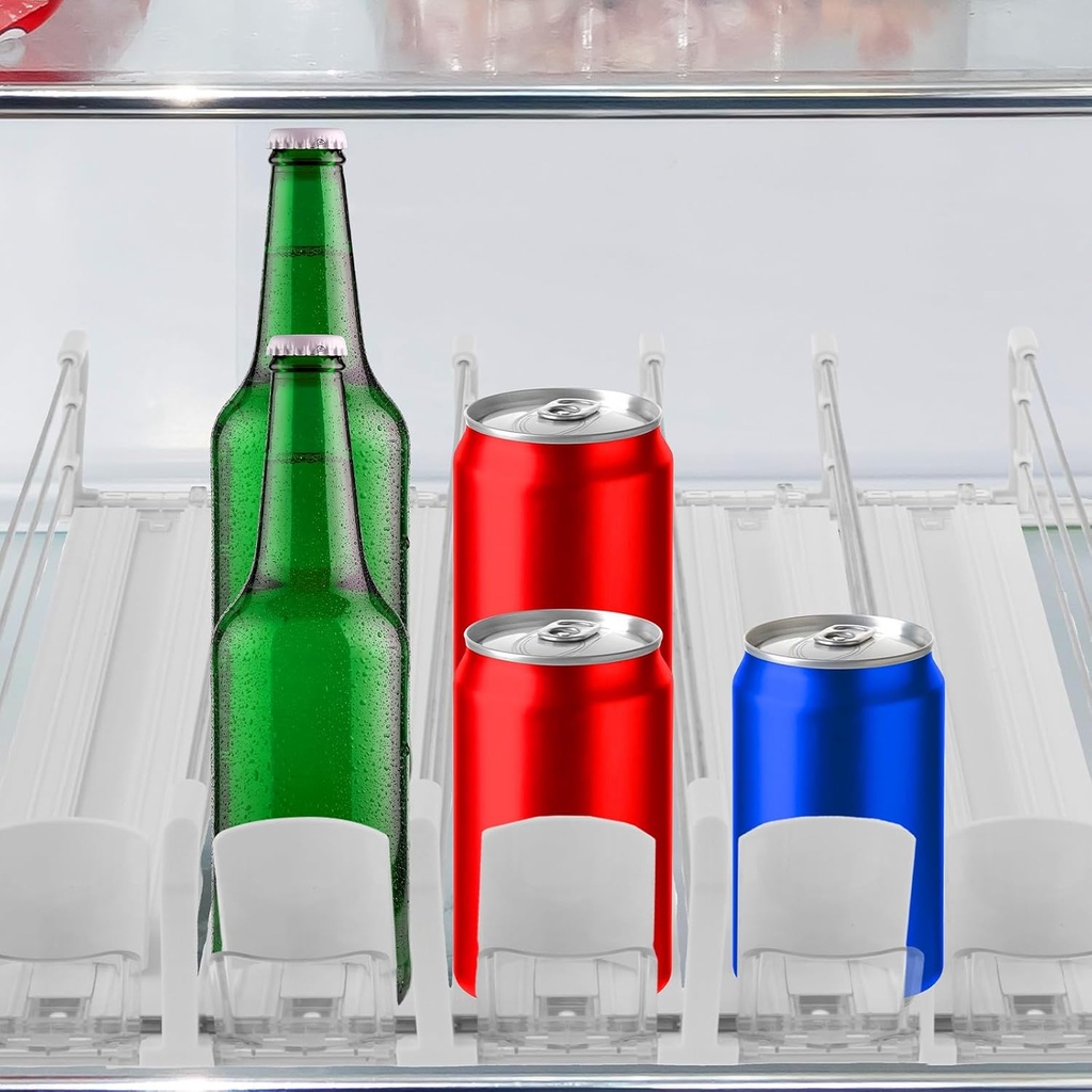 Drink Organizer for Fridge, Soda Can Dispenser with Locking Adjustable Width, 3 Rows/5 Rows Soda Can Organizer, Self Pushing Drink Organizer for Cabinet Countertop Fridge (Set 02)