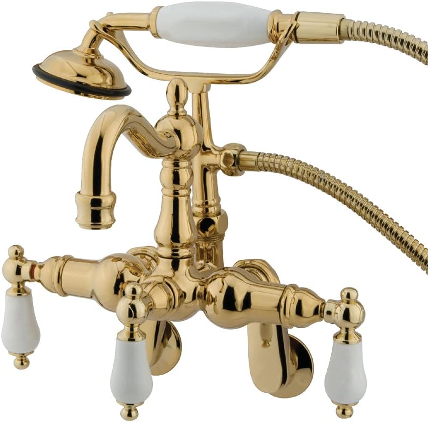 Kingston Brass CC1305T2 Vintage Adjustable Center Wall Mount Tub Faucet with Hand Shower, Polished Brass