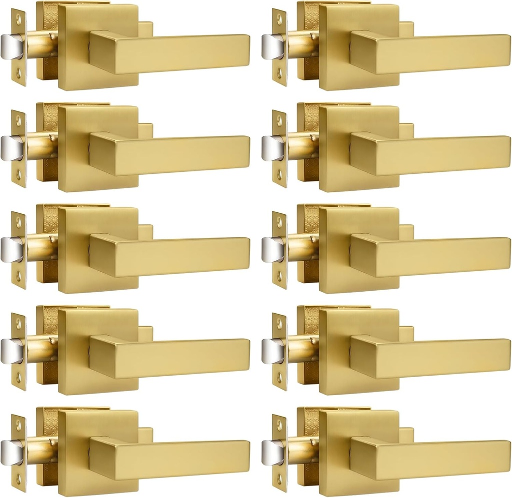 Probrico 10 Pack Square Brushed Gold Passage Door Handle Heavy Duty Keyless Door Lever Lock for Hallway Closet Interior Satin Brass Door Knobs Lockset