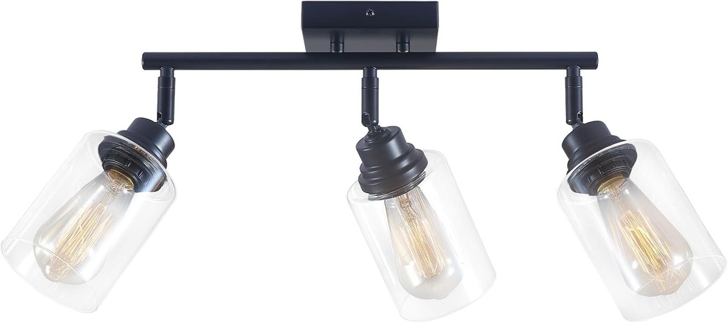 Modern 3-Light Track Lighting Fixtures Ceiling, Light Fixtures Ceiling Mount with Clear Glass Shades, Matte Black Kitchen Ceiling Light Fixtures for Bedroom, Living Room & E26 Base
