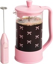Paris Hilton Bow Design French Press and Frother Coffee Gift Set, Includes a 8-Cup Coffee Press and Battery Operated Handheld Milk Frother, 2-Piece Set, Pink