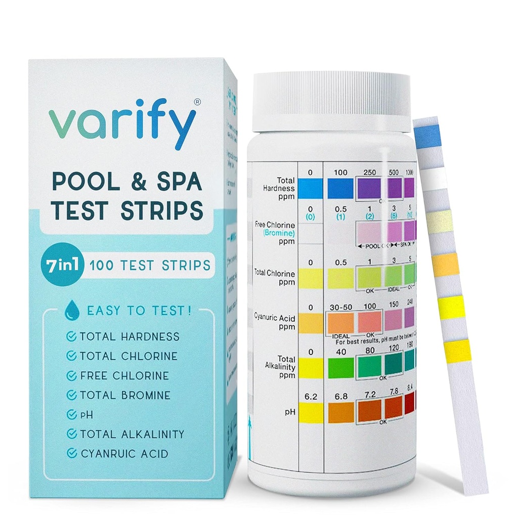 Varify 7 in 1 Pool and Spa Test Strips- Easy to Use Water Testing Kit for Pool, Spa, Hot Tub & More - Tester Strip for Water Hardness, Chlorine, Bromine, pH, Alkalinity and Cyanuric Acid (100 Strips)
