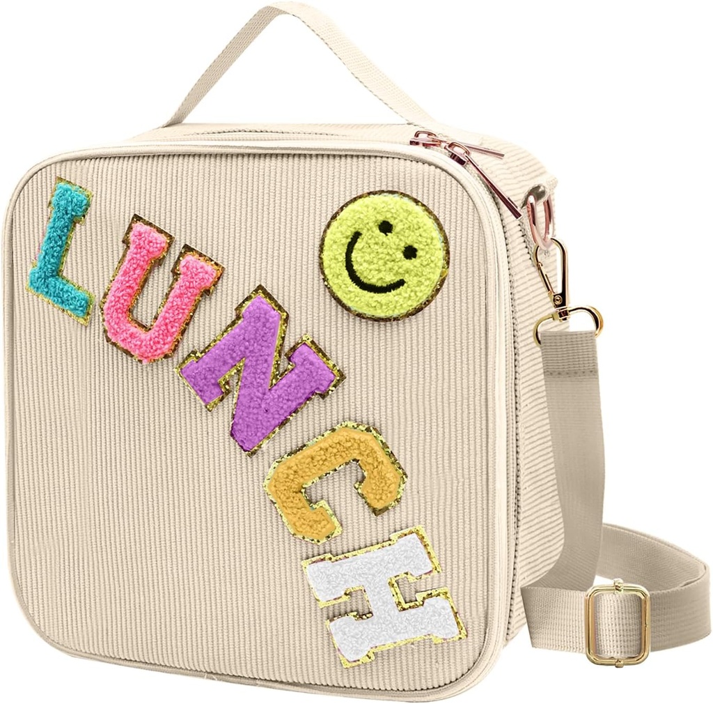 Insulated Lunch Bag With Adjustable Shoulder Strap, Cute Corduroy Preppy Lunch Box Large Insulated Lunch Bag Reusable Lunch Tote Bag with Smiley Preppy LunchBag for Girls School Travel Picnic (Beige)