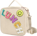 Insulated Lunch Bag With Adjustable Shoulder Strap, Cute Corduroy Preppy Lunch Box Large Insulated Lunch Bag Reusable Lunch Tote Bag with Smiley Preppy LunchBag for Girls School Travel Picnic (Beige)