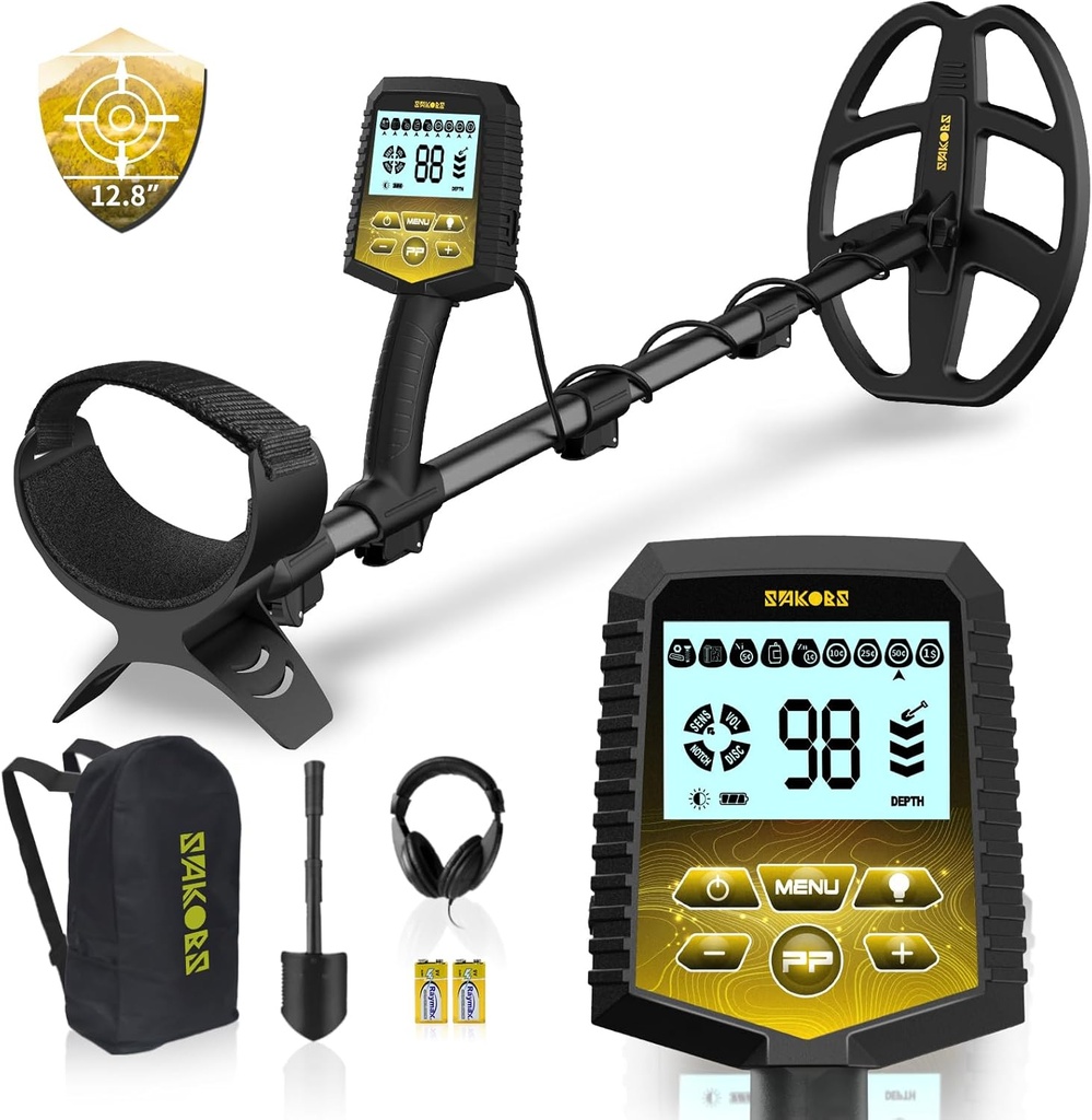 SAKOBS Metal Detector for Adults Professional – Higher Accuracy 9 Types of Metal Target Detection, 11" Waterproof Double-D Coil, New Upgraded DSP Chip and LCD Display （12.8" Detection Depth）