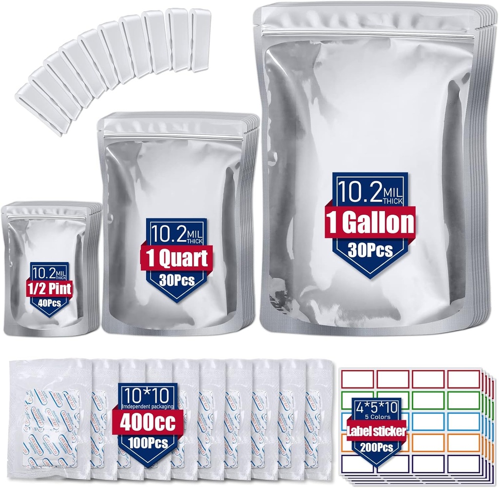 100 Pack 10.2 Mil Mylar Bags for Food Storage with Oxygen Absorbers 400cc (10 x 10 Packs) and 200 Pcs Color Labels - 10”*14” / 6”* 9” / 4.3”*6.3” Resealable Zipper Mylar Bag for Long Term Food Storage