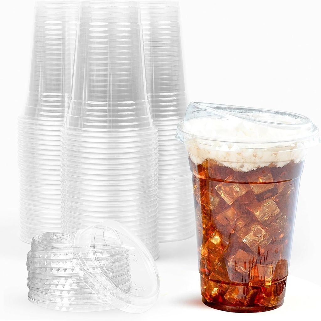 Prestee 100 Clear Disposable Iced Coffee Cups with Lids, 16oz - Plastic Cups with Strawless Sip Lids - Durable Cold Brew, Smoothie, or Beverage Cup for On-the-Go, Christmas and Holiday Party Supplies