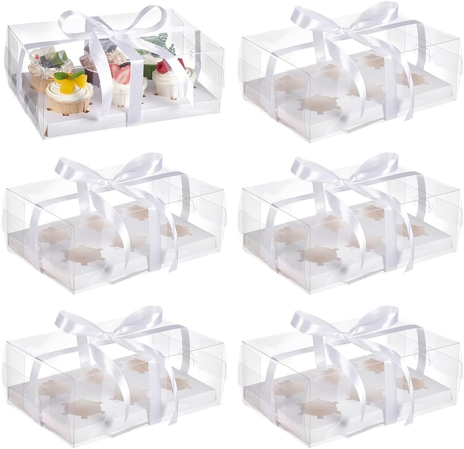 UNICRAFTALE 6Pcs Clear Cupcake Boxes 6 Count Folding Paper Cupcakes Storage Boxes with Clear Lids Portable Pastry Packaging Box with Ribbons for Mother's Day Birthday Wedding Baby Party Supplies