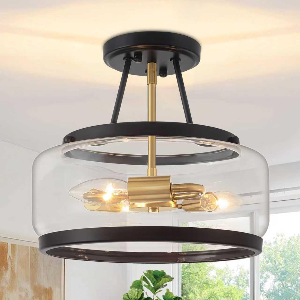 Black and Brushed Gold Semi Flush Mount Ceiling Light, 11.81" Modern Glass Drum Light Fixtures, 3-Light Ceiling Lights for Hallway Entryway Kitchen Dining Room Bedroom Laundry Lighting, UL-Listed