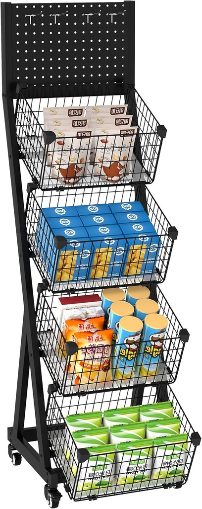 Retail Display Rack Stand 4 Tier Metal Wire Display Shelf Cart on Wheels with Pegboard 4 Hooks&Baskets Heavy-Duty Snack Candy Potato Chip Display Organizer for Supermarket Home Kitchen Office