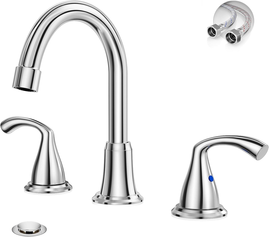 Phiestina 8 Inch Widespread Chrome Bathroom Sink Faucet, 2 Handle 3 Hole Bathroom Faucet with Metal Pop up Drain and Water Supply Lines, WFJC180-C