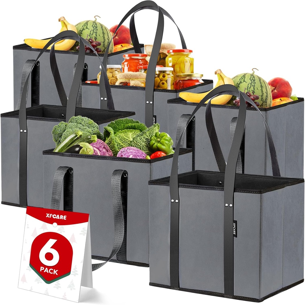 XPCARE 6 Pack Reusable Grocery Bags - Heavy Duty Reusable Shopping Bags with Box Shape to Stand Up, Stay Open, Fold Flat - Foldable Grocery Tote Bag with Long Handles & Reinforced Bottom Grey