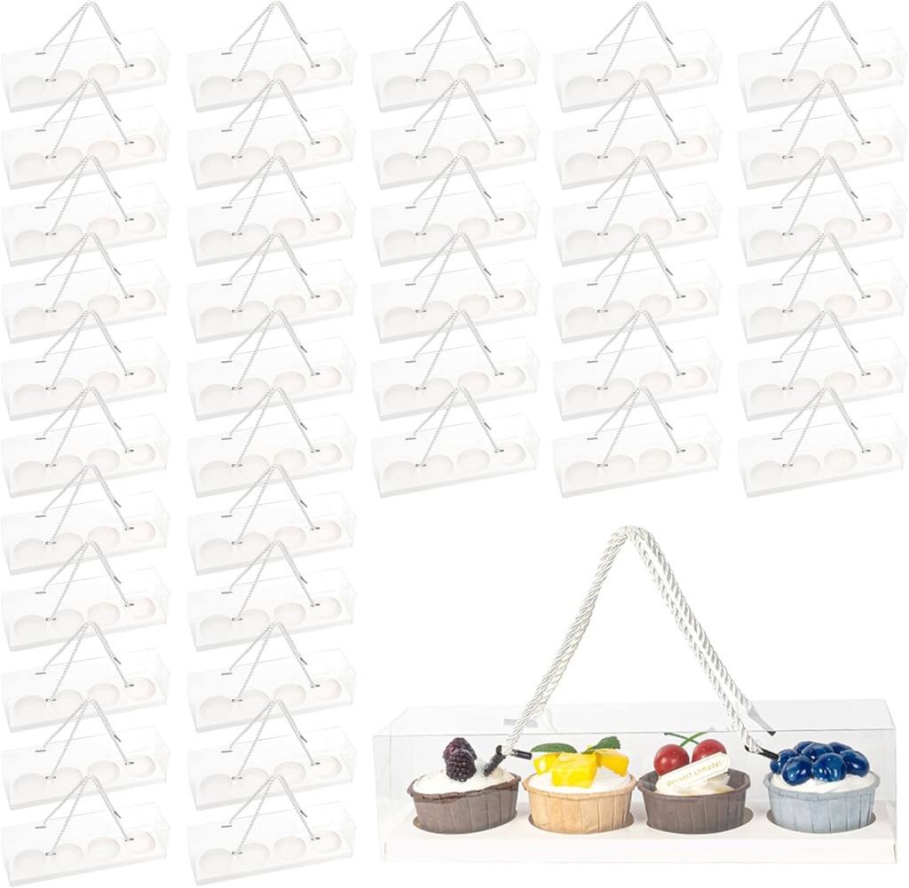 40 Pcs Clear Cupcake Boxes 12x3x3 Inch Durable Cupcake Containers with Handle Insert 4-Count Clear Cake Packaging Box for Bakery Desserts Cakes Biscuits