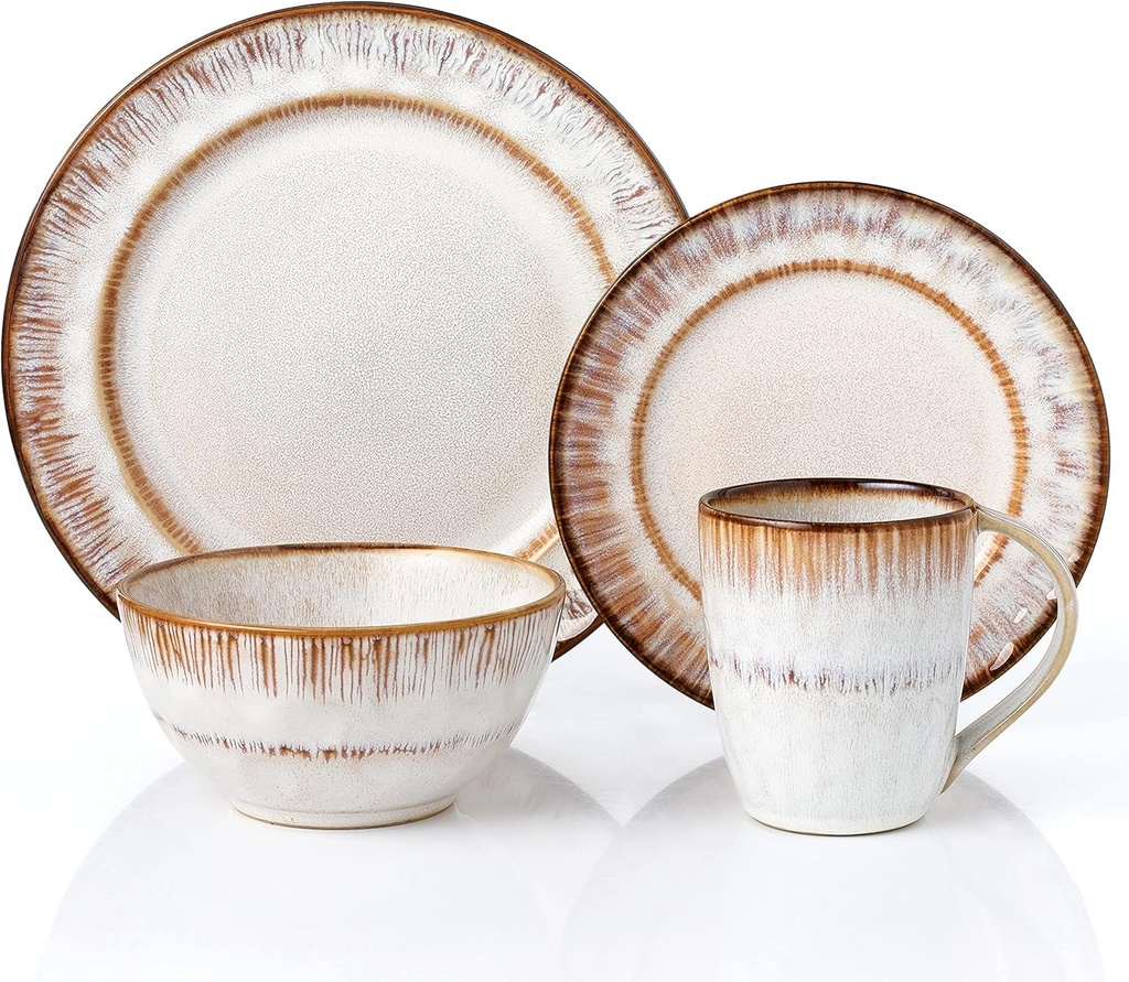 Elegant and Modern Stoneware Scroll Dinnerware Set for Hosting Parties and Events - Mocha Swirl, 16 Piece