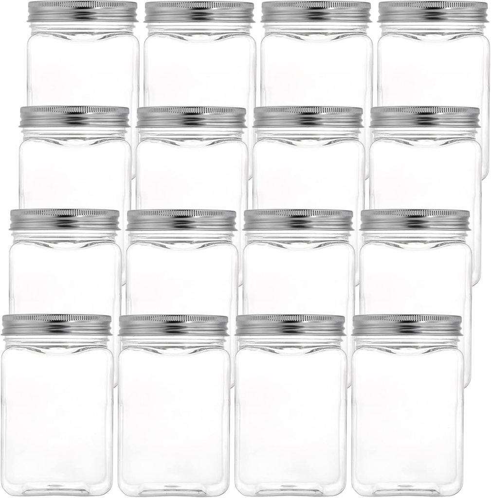 Bekith 16 Pack Clear Plastic Jars With Screw On Lids, 16 OZ Airtight Containers for Food Storage, Refillable Square Empty Plastic Storage Jars for Dry Food, Peanut Butter, Honey, BPA Free