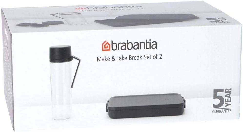 Brabantia Make & Take Break Set (Set of 2) Matching Water Bottle with Fruit Sieve Infuser & Flat Lunch Box, BPA-Free, Travel To Go Meal Containers, Dishwasher Safe