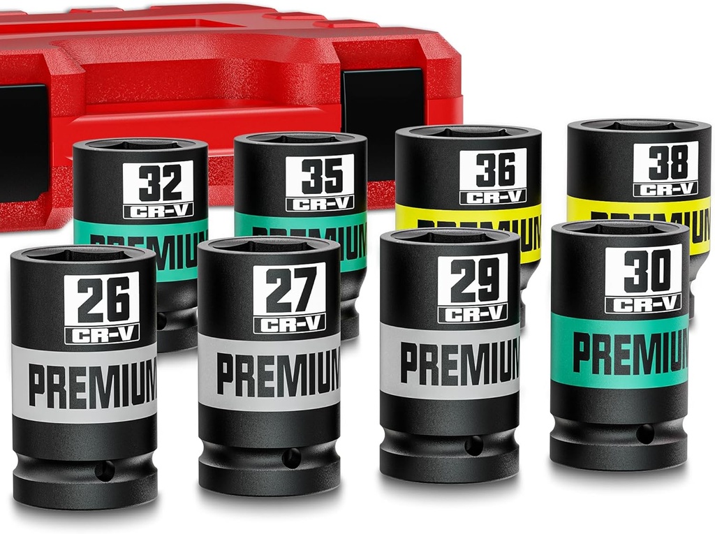 8 Piece 3/4" Drive Impact Socket Set, Metric Axle Nut Sockets, 26-38mm Thicker Jumbo Sockets, Socket Set, 6 Point, Cr-V, Vehicle and Apparatus Maintenance