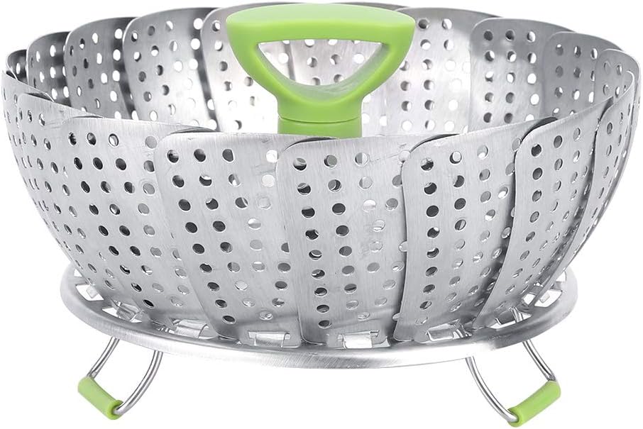FLEXMAN Vegetable Steamer Basket, Stainless Steel Steaming Basket with Handle, Steamer Rack Mesh Dish with 3 Folding Legs, Expandable Steamers for Containing Fruits and Vegetables, Steaming Foods