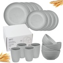 Wheat Straw Dinnerware Sets for 4 - KFT Lightweight & Unbreakable Dishes Microwave & Dishwasher Safe Perfect for Camping, Picnic, RV, Dorm Plates, Cups and Bowls (Gray)