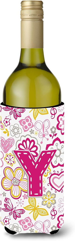 Caroline's Treasures CJ2005-YLITERK Letter Y Flowers and Butterflies Pink Wine Bottle Hugger Bottle Cooler Sleeve Hugger Machine Washable Collapsible Insulator Beverage Insulated Holder