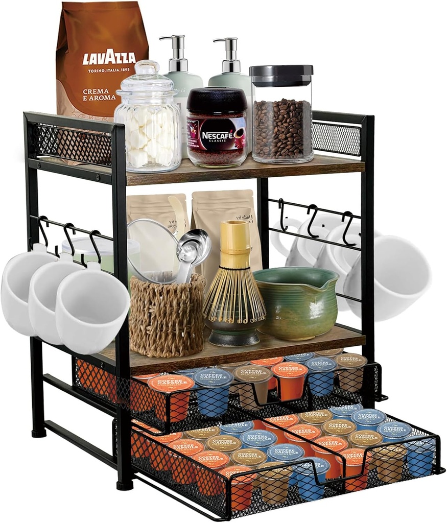 Coffee Station Organizer for Countertop, 2 Tier Coffee Pod Organizer Holds Up To 60 K, Matcha Station, Mug Cup Holder Stand with 6 Hooks, Multifunctional Shelf for Tea Coffee Bar Accessories
