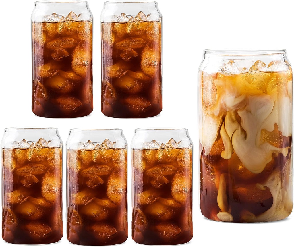 Ilyapa Can Shaped Pint Glass - 16oz Classic Can Style Tumbler Drinking Glasses, Set of 6, for Iced Coffee, Matcha, Smoothie, Juice and Beer