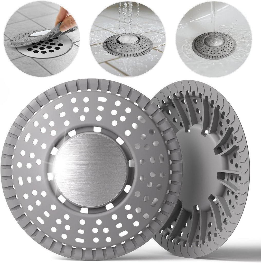 Shower Drain Hair Catcher, Upgraded 2Pack Premium Silicone Drain Protector & Shower Drain Cover for Regular Floor Drains of Shower Room, Bathroom, 304 Stainless Steel, Gray