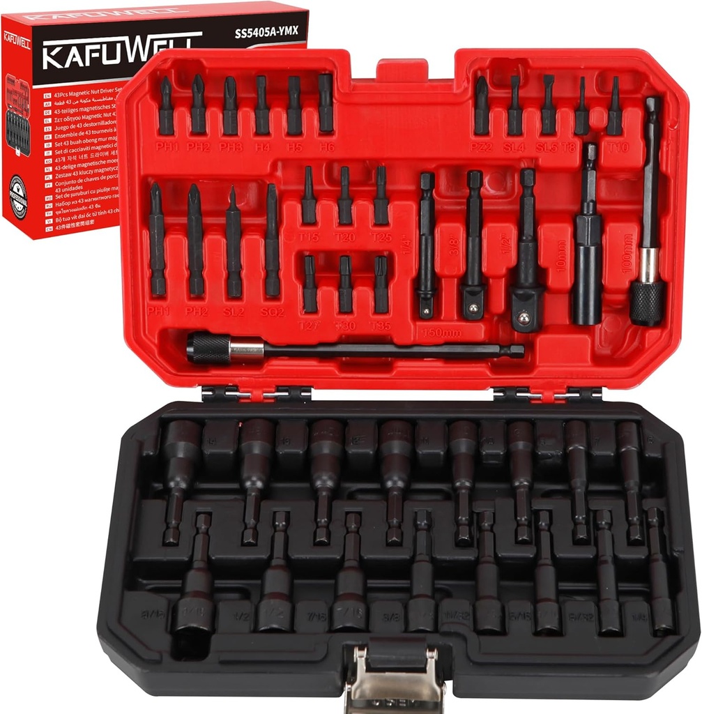 43Pcs Magnetic Nut Driver Set, Impact Driver Bit Set 1/4" Hex Shank, SAE & Metric Nut Driver Set for Impact Drill, Screwdriver Bit Set, Socket Adapter, Wing NutDriver, with Sturdy Tool Box