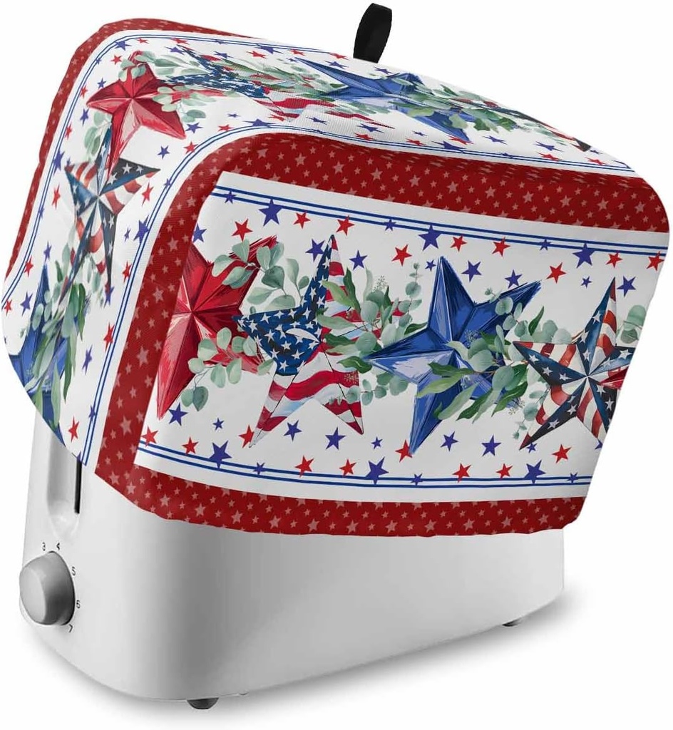 Red 4th of July Toaster Cover 2 Slice, Independence Day Star Dustproof Bread Machine Oven Cover with Storage Pockets, Fits Most Kitchen Toasters Protector