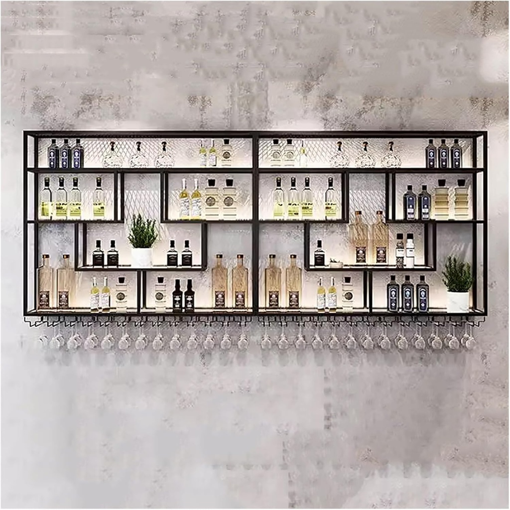 Wine Storage Rack Wall Mounted with LED Light,Metal Floating Shelves with Hanging Wine Glass Holder,Liquor Bottle Display Shelf,Large Capacity Wine Shelf for Bar,Wine Cellar,Kitche