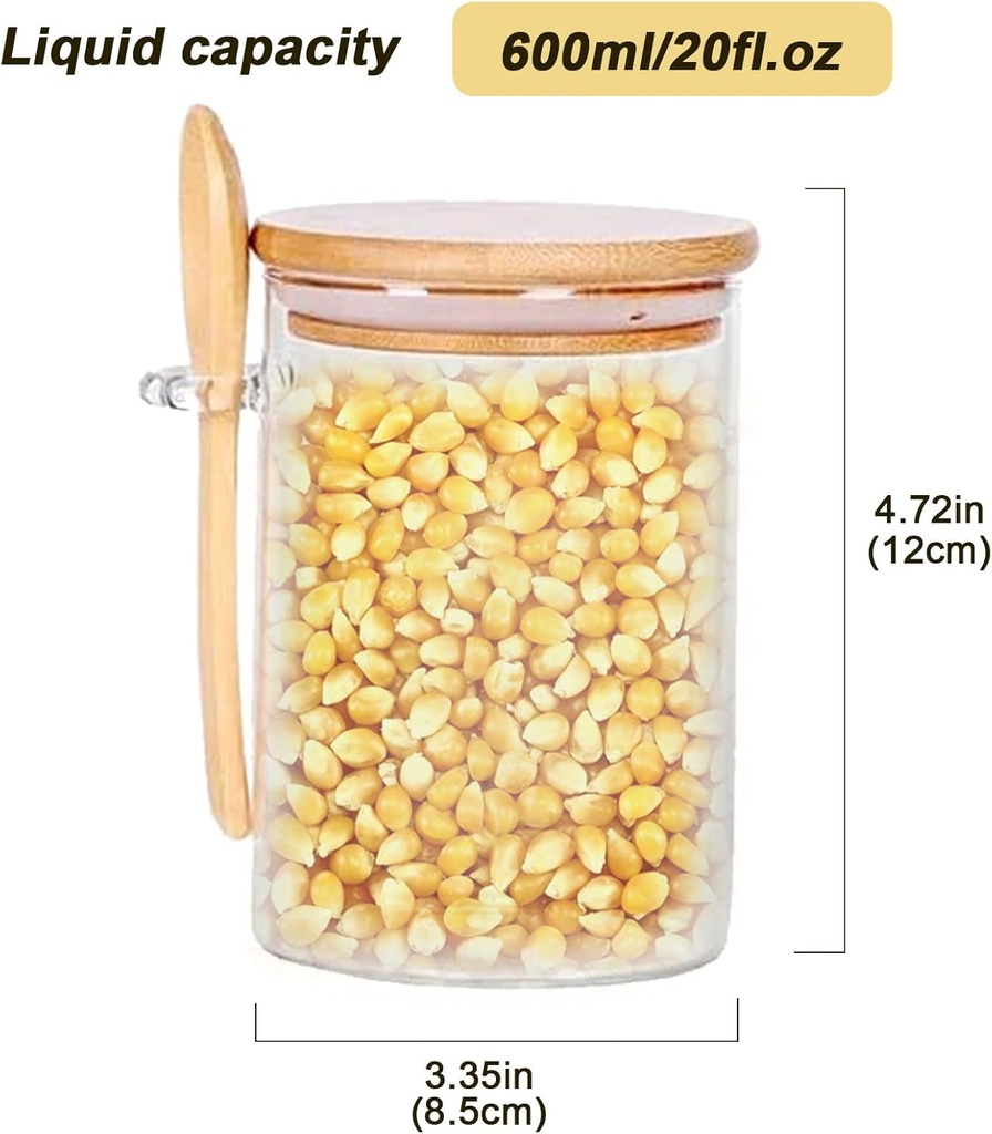 3 Pack Airtight Glass Jars with Bamboo Lid & Spoons, 20 OZ Glass Food Storage Jars, Overnight Oats Containers with Lids for Coffee Bean,Sugar,Storage,Dry Goods,Cookie,Candy,Tea,Spices and More