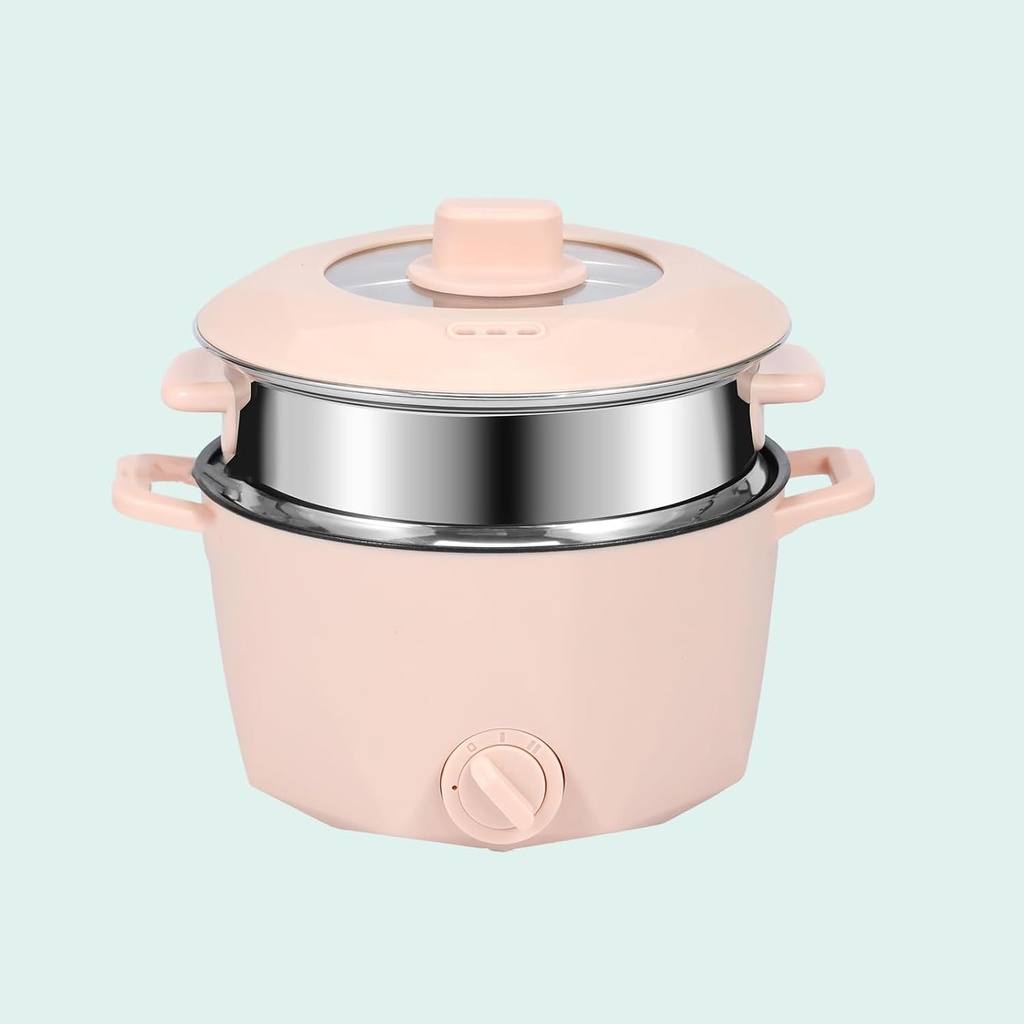 Electric Hot Pot with Stainless Steel Steamer, 2L Portable Non-Stick Mini Multifunctional Cooker, 2 Gear Rapid Noodles Cooker, Travel Electric Skillet,Pink