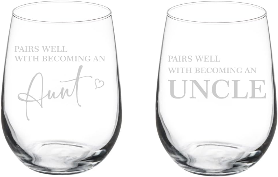 MIP Set of 2 Wine Glass Goblet Gift Pairs Well With Becoming An Aunt & Uncle Baby Pregnancy Announcement (17 oz Stemless)