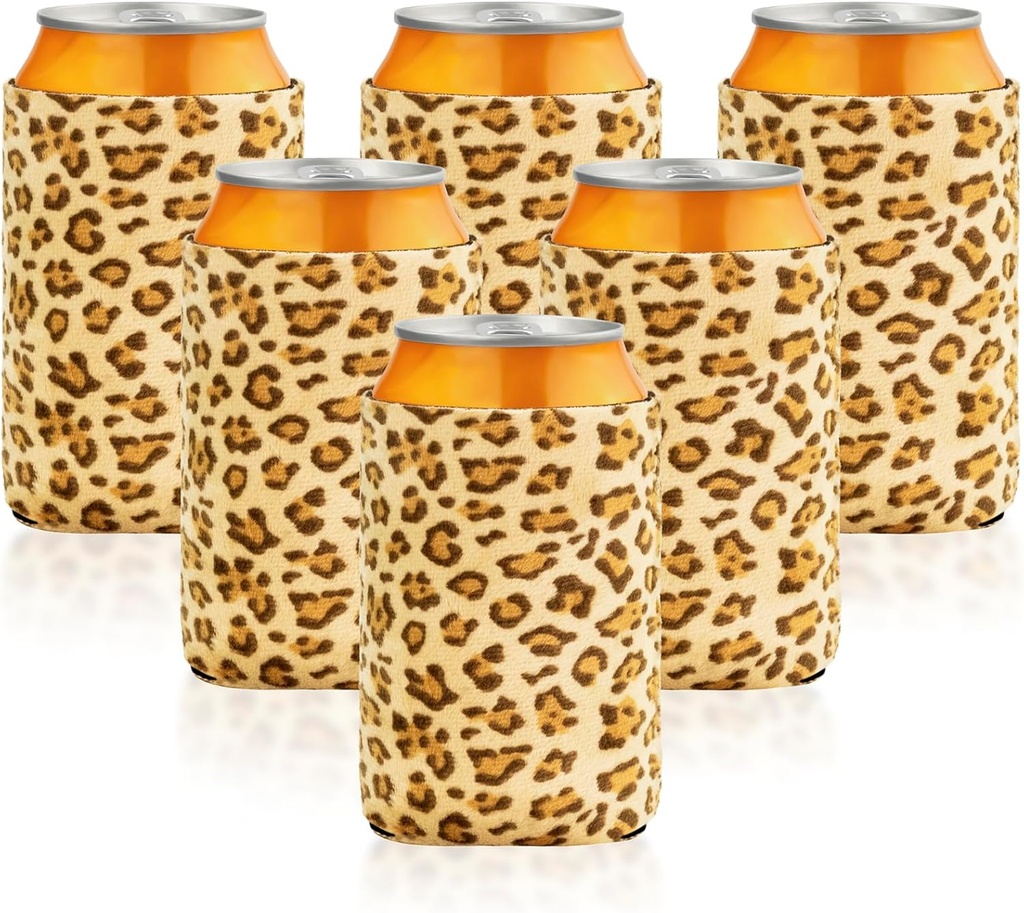 Soft Velvet Soda Can Insulator Sleeve, Neoprene Beer Can Cooler, 12oz Insulated Drink Bottles Cover (6-Pack Leopard)