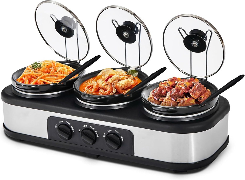 Triple Slow Cooker Buffet Server Food Warmer with 3 Adjustable Temperature Modes, Slow Cooker with 1.5 QT Ceramic Pot, Removeable Glass Lid and 3 PVC Spoons, Dishwasher Safe, Stainless Steel