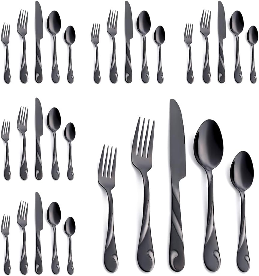 Black Silverware Set for 6, 30-Piece Stainless Steel Flatware Set, Shiny Black Metal Cutlery Set, Include Fork, Knife and Spoon Set, Dishwasher Safe