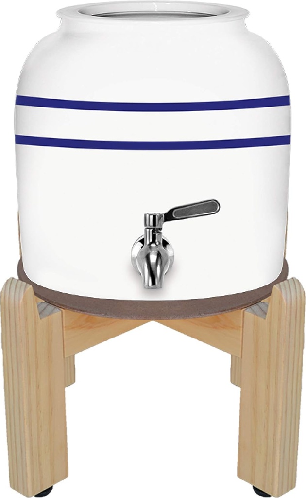 Geo Sports Porcelain Ceramic Crock Water Dispenser, 8 Inch Wood Stand, Stainless Steel Faucet, Valve, Fits 3 to 5 Gallon Jugs. (Withe Blue Stripe)