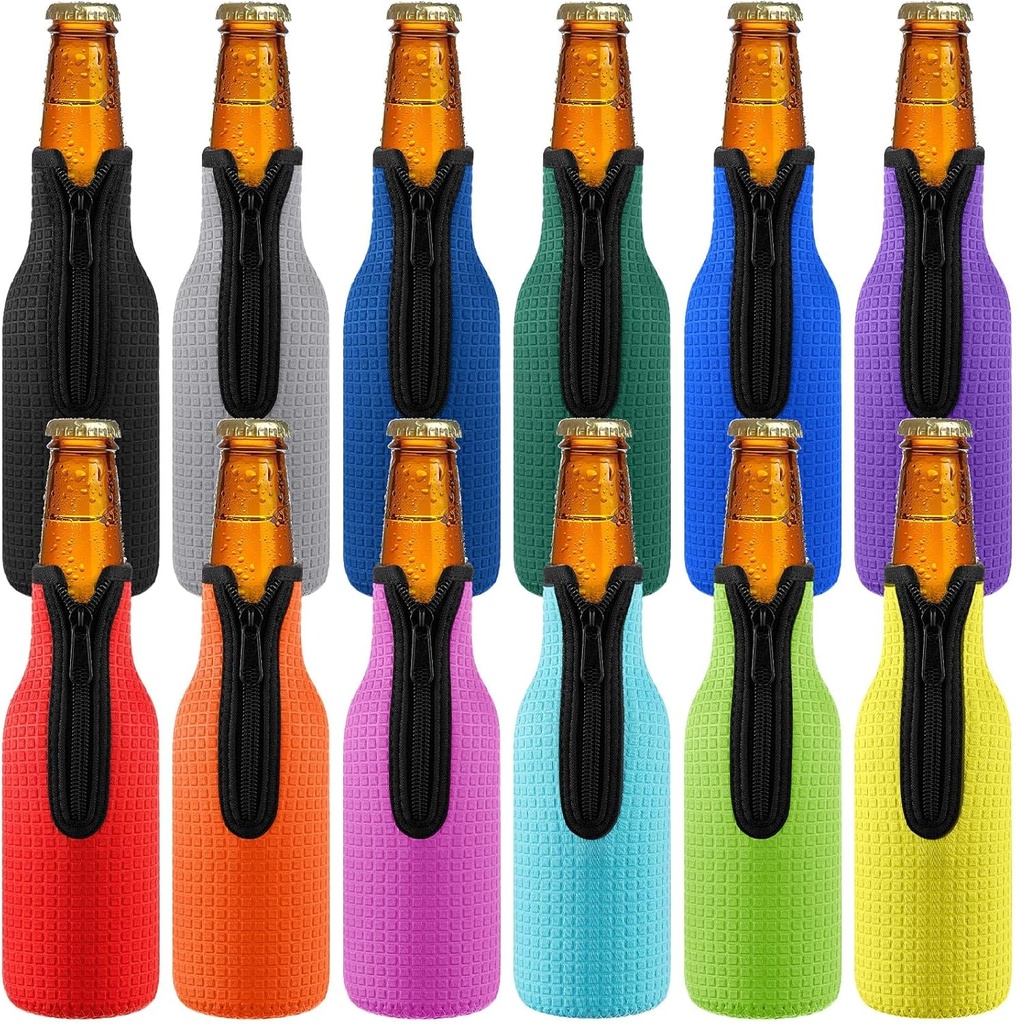 12 Pcs 12oz Beer Bottle Sleeve Insulators Beer Cooler Covers Zip-up Bottle Jackets Non-slip Neoprene Sleeves for 12 oz Beverage, Mix Colors