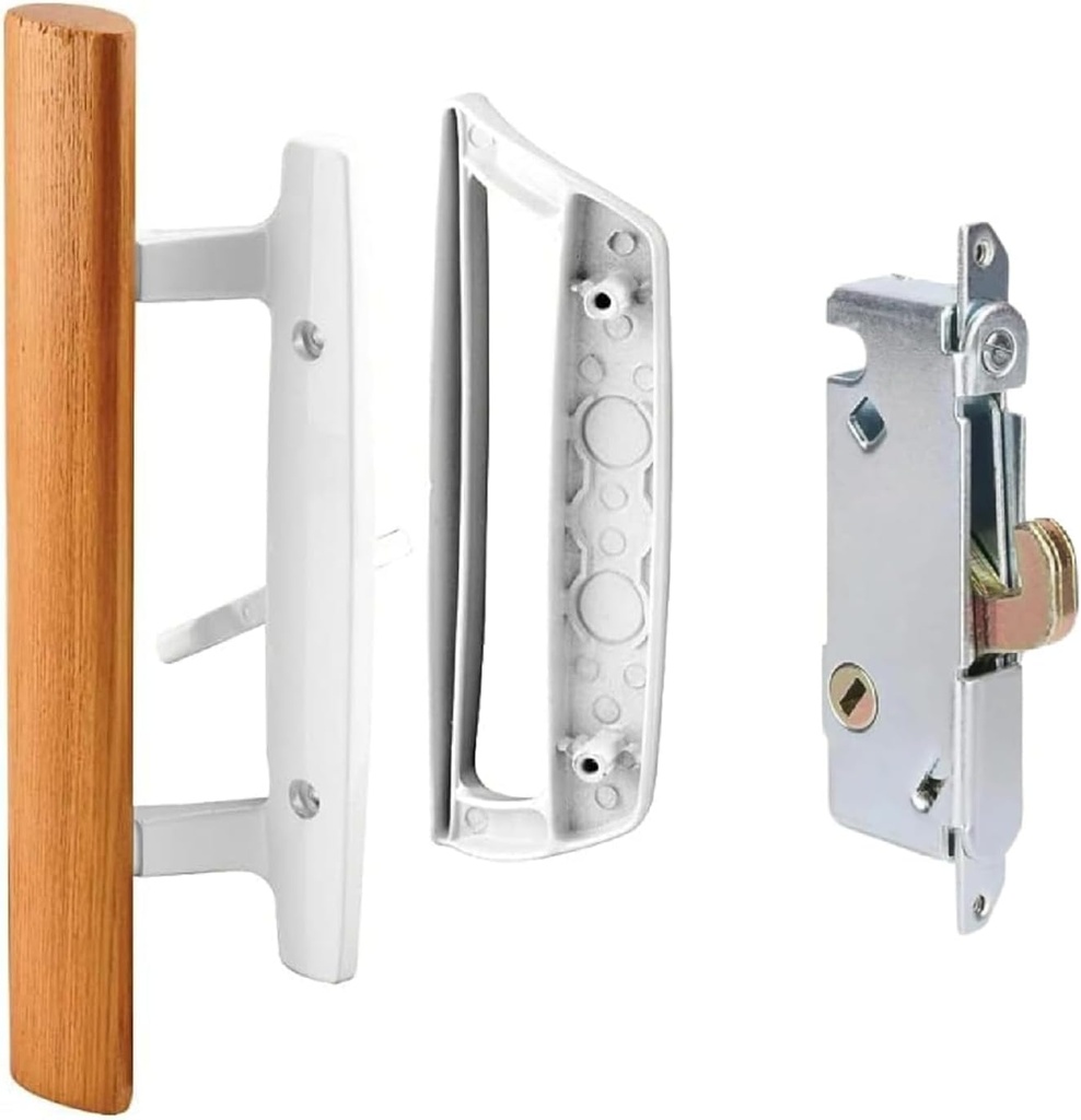 Sliding Patio Glass Door Handle Set Replacement Mortise Lock 45° – White Diecast with Wood Finish Mortise Style, Fits 3-15/16 in. Hole Spacing